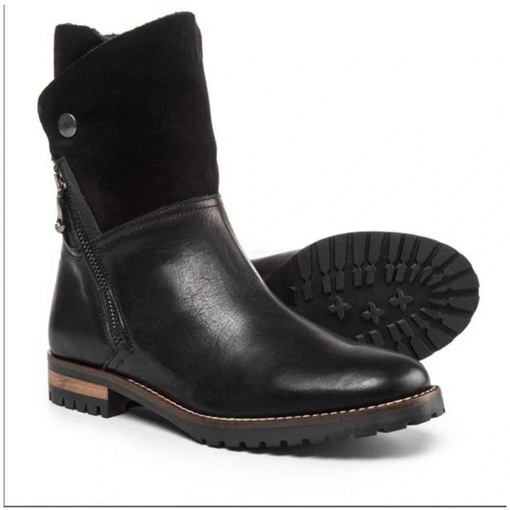 Fabianelli Black Leather Suede Shearling Lined Moto‎ Boots Women Size 8